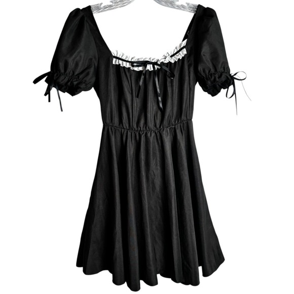 No Brand Tag Dresses & Skirts - Black Puff‎ Sleeve Mini Dress Sz S Ruffle Tie Cottagecore Coquette Gothic Lolita